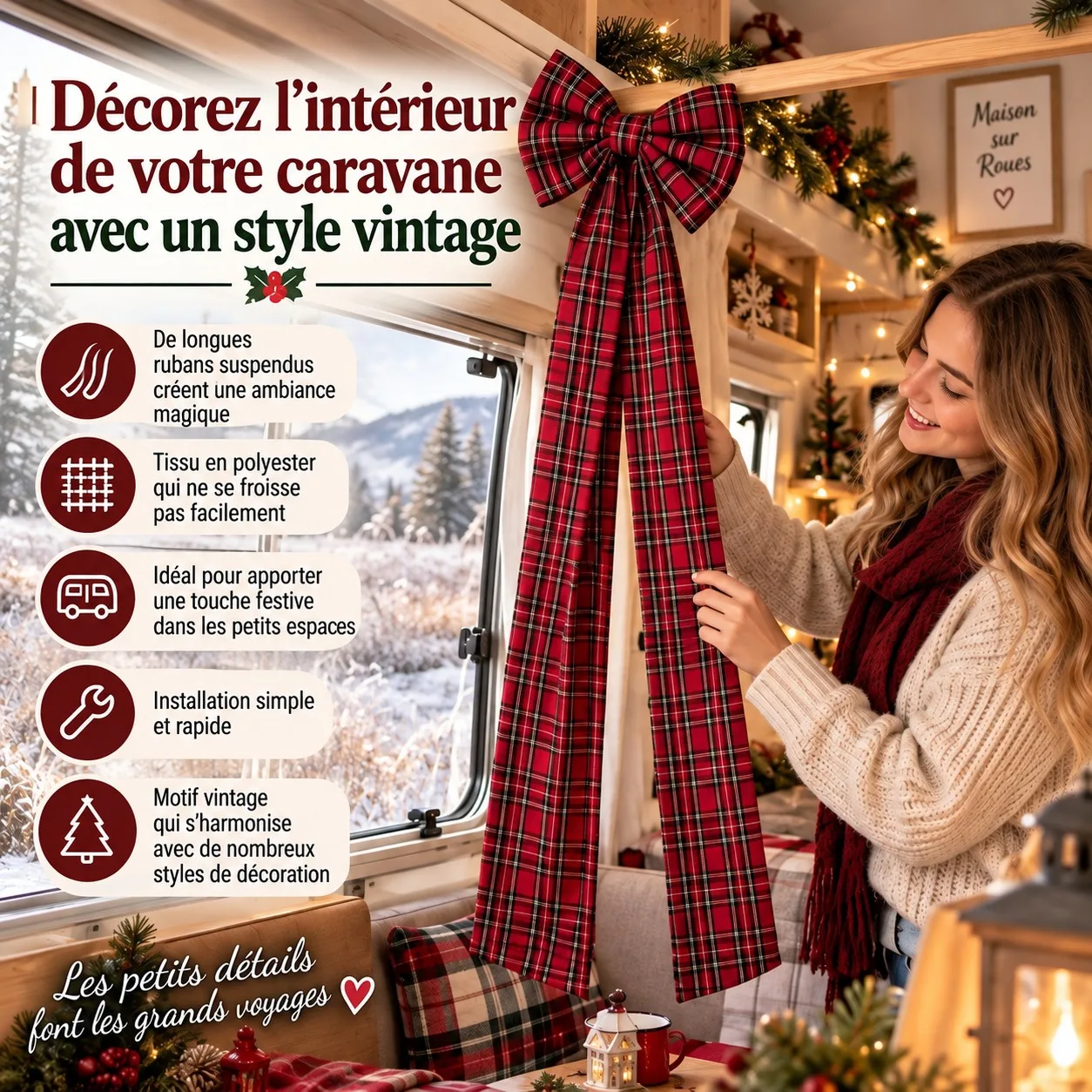 Grand Nœud de Noël Écossais 160cm en Polyester pour Décoration de Sapin et Maison, Ruban Tartan Vintage Rouge et Vert Idéal pour Portes, Fenêtres et Vitrines de Fêtes