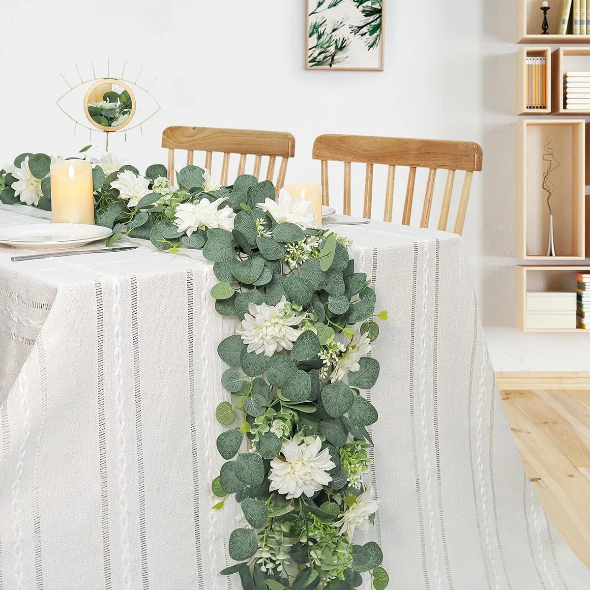 

2 Pack Eucalyptus Garland with Flowers 5.9ft Fake Flower Garland with White Dahlia Silk Floral Greenery Garland Wedding