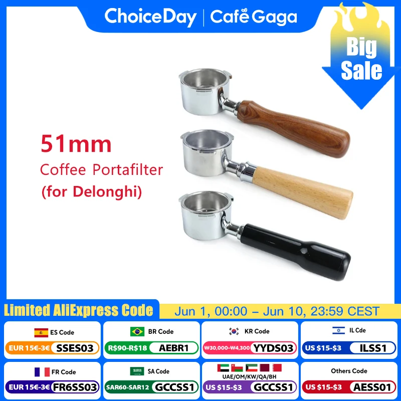 51mm Coffee Bottomless Portafilter Wood Handle For Delonghi Dedica ec680 ec685 Replacement Filter Basket Barista Accessories