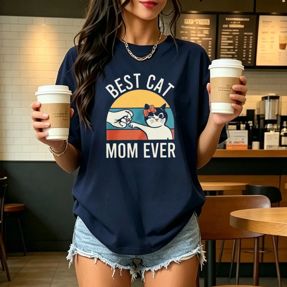 Cat Mom Shirt Retro Sunset Cotton Tshirt for Women Best Cat Mom Ever Fist Bump Kitten Design Tees Pet Mama Casual Fashion Tops