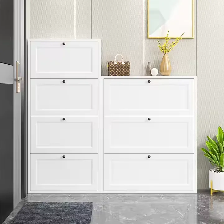 خزانة أحذية بيضاء رفيعة مثبتة على الحائط مع مساحة تخزين متعددة الطبقات لمنظم الأحذية الحديث لتوفير مساحة المدخل والممر #4