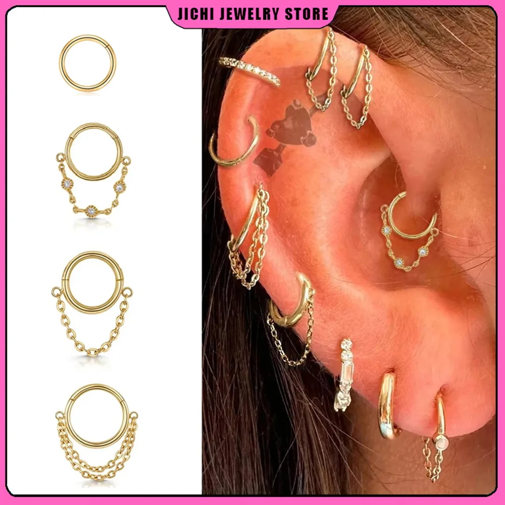 Colgante circular de acero de titanio para mujer y niña, aros de circón con borla, anillo para oreja y nariz, cartílago, Daith, Piercing para tabique, joyería