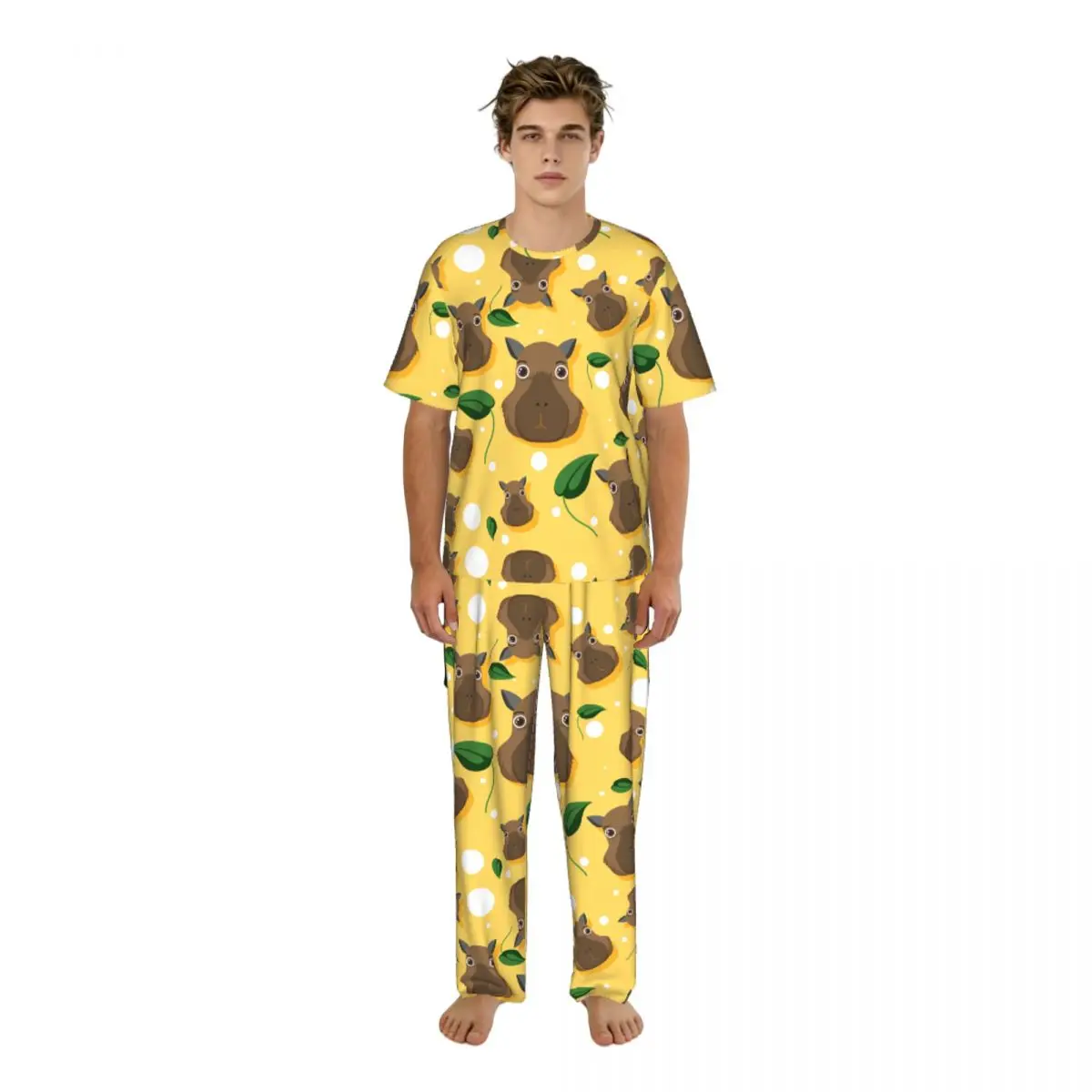 

Мужской пижамный костюм с короткими рукавами и длинными брюками, симпатичный комплект для сна с рисунком капибары, летняя домашняя одежда