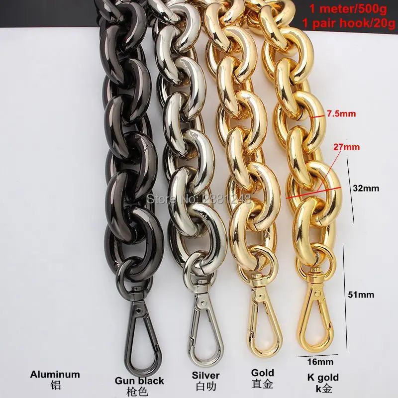 New 27mm thick round aluminum chain +hook Light weight bags strap bag parts handles easy matching Accessory Handbag Straps