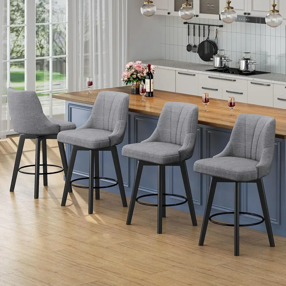 24" Upholstered Fabric Barstools Set of 4, Counter Stool Chair with Back & Solid Wood Legs for Kitchen Island Dining Room