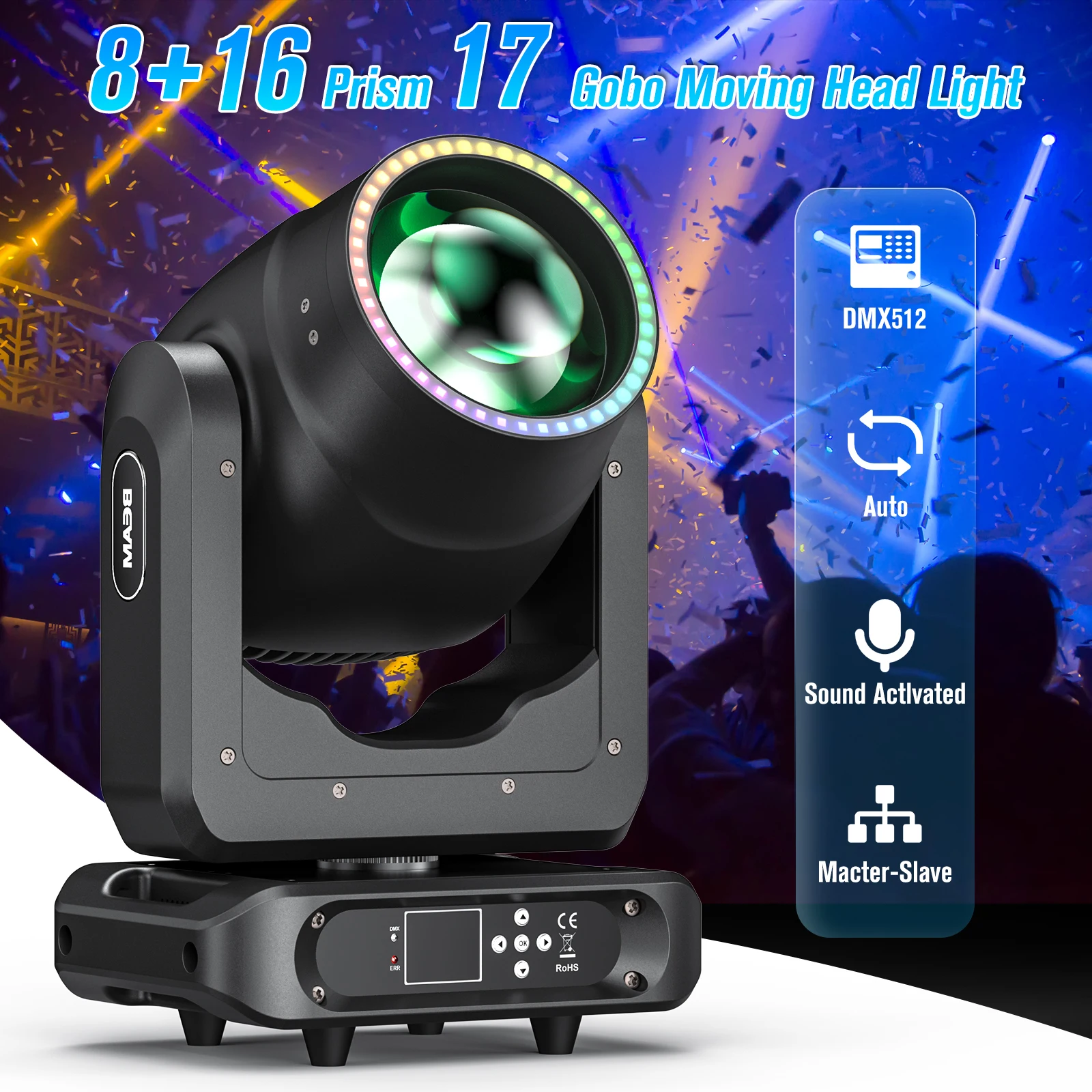 U'King 200W Beam Moving Head Licht DMX512 Bühnenlicht RGB LED Lichtleiste 8+16 Prismen Regenbogeneffekt für DJ Disco Konzertparty