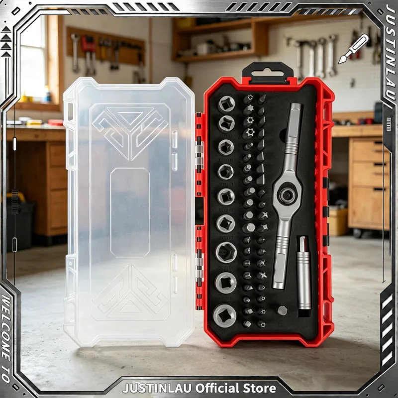 JUSTINLAU Multi‑Function 52‑Piece T‑Handle Ratchet Wrench Kit Elbow Offset Short Phillips Flat Slotted Screwdriver Bits Set