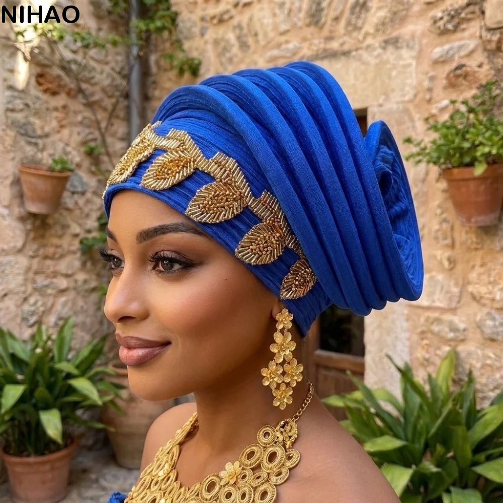 Elegant Shiny African Gele Headwrap Leaf Polyester Yoruba Turban Hat Multiple Color Options Pre-tied Traditional Headpiece Women