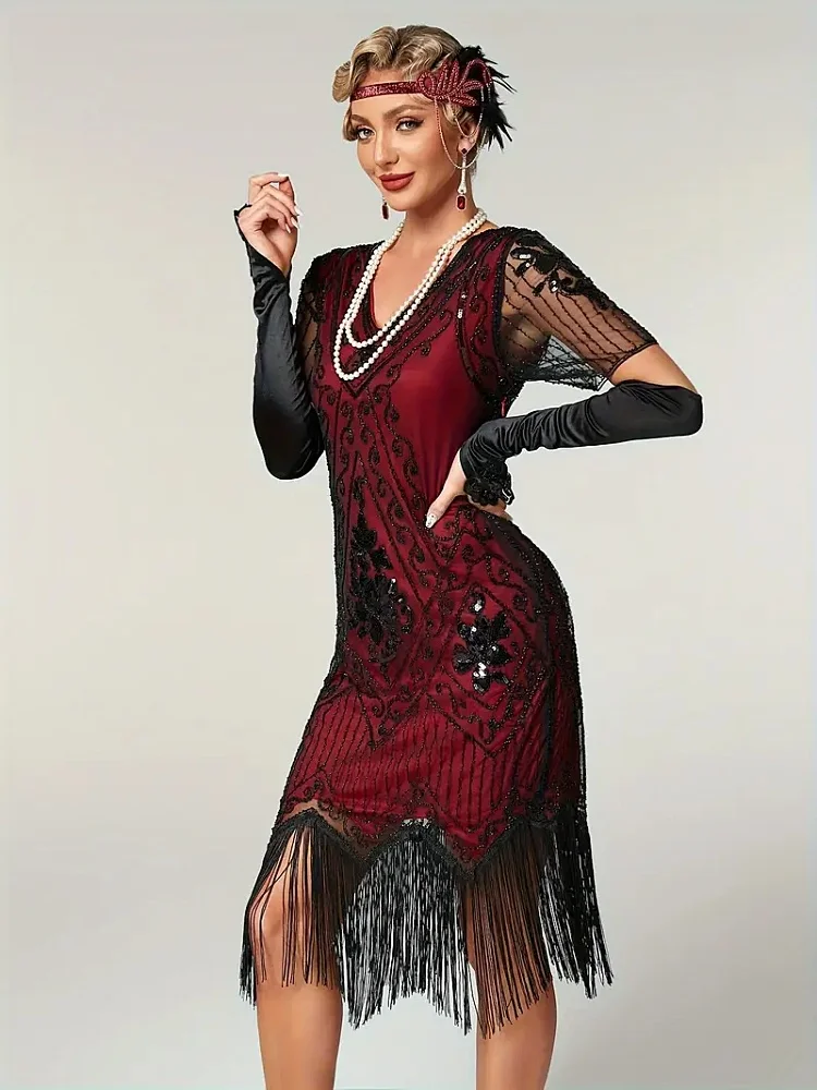 

Embellished Beaded Sequin Dress Robe Vestidos Women 1920s Flapper Dress Vintage V Neck Butterfly Sleeve Long Great Gatsby Dress
