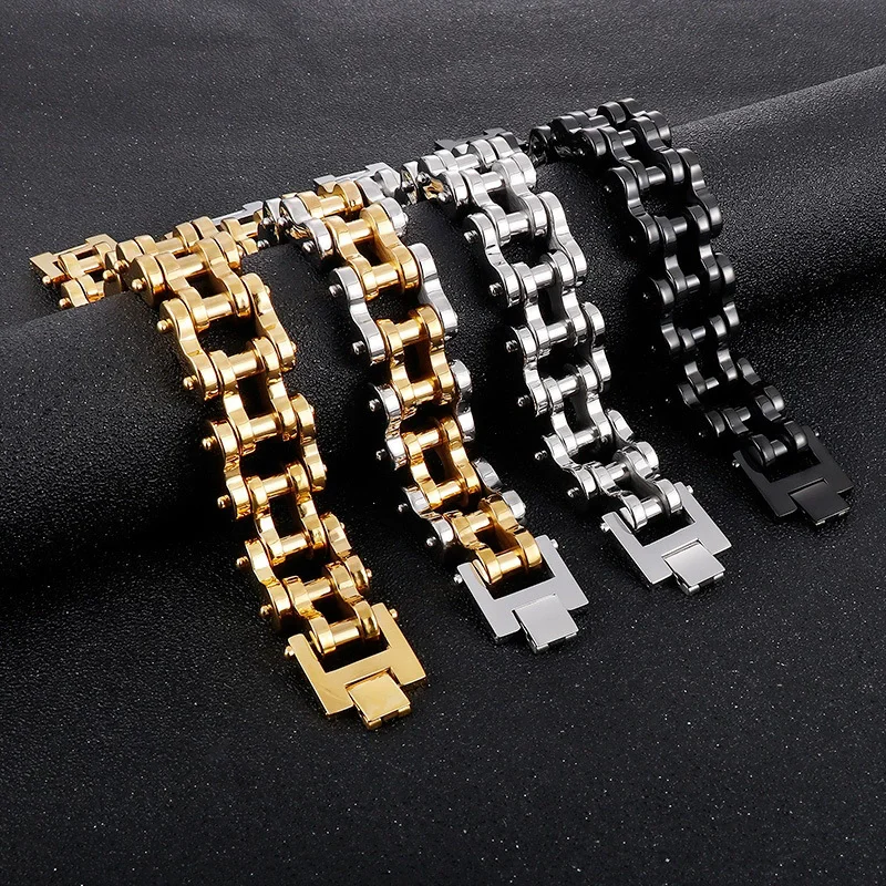 22mm Heavy Punk Brush Black Biker Bike Chain Bracelet Men Women Hiphop Rainbow Gold Color Stainless Steel Bicycle Bangle Jewelry