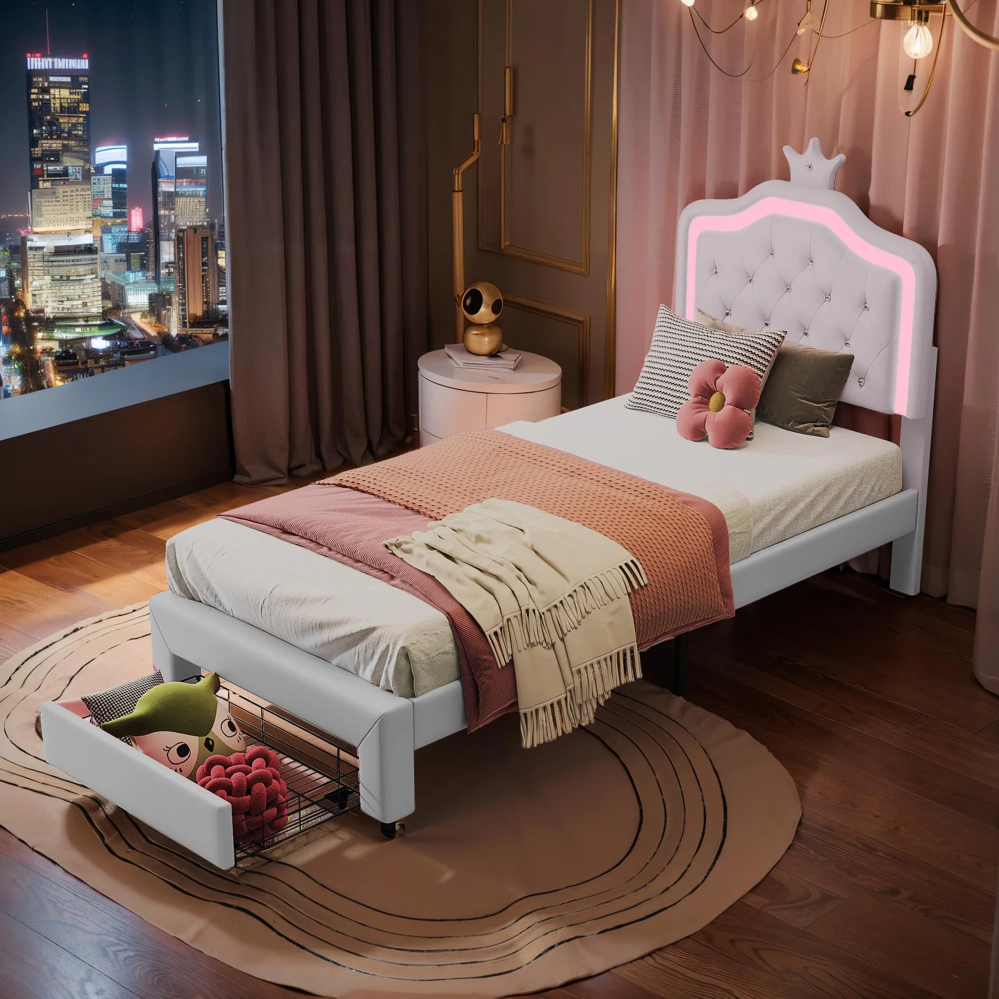 90x200cm Princess Single Bed with 1 Drawer, Upholstered Bed with Slatted Frame, PU Leather Crown Headboard with LED Lighting