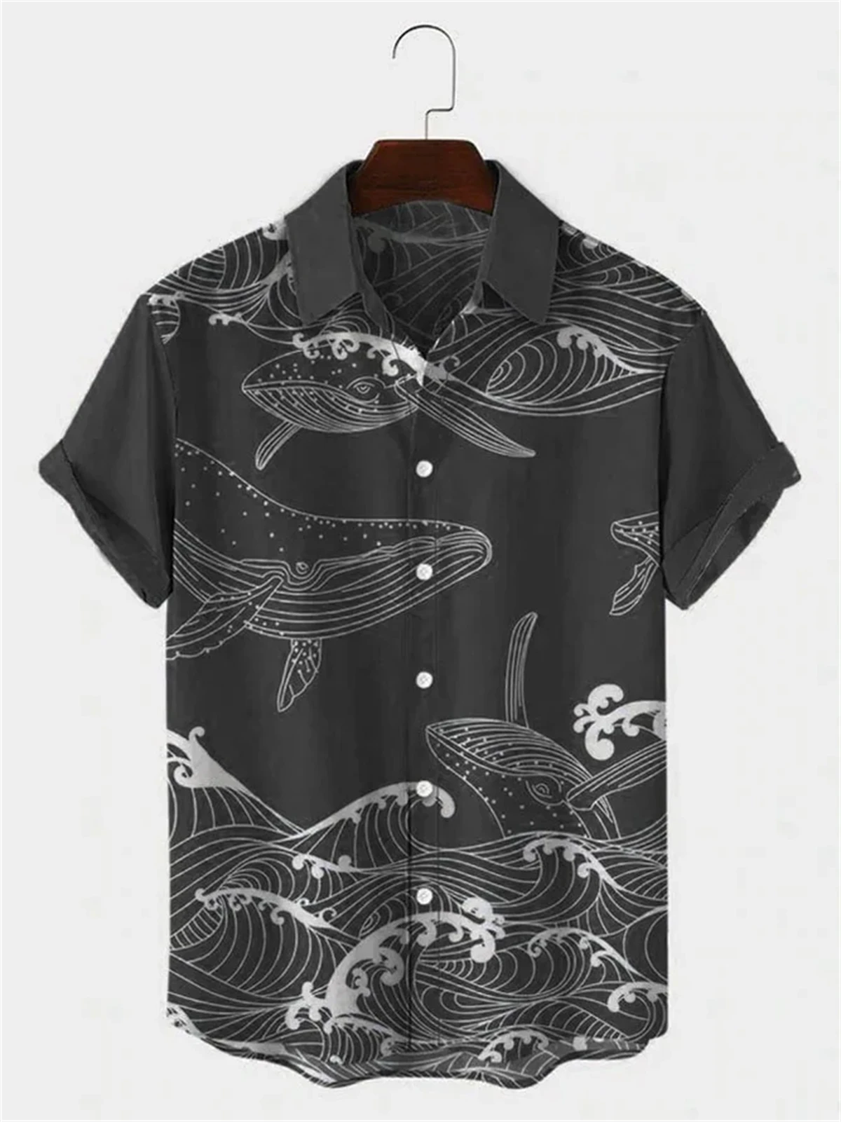 Hawaiian Men's Short Sleeved Shirt Whale Print Beach Fashion New Loose Casual Shirt
