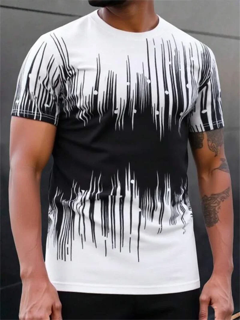 Herren-T-Shirt mit abstraktem Linienmuster in Schwarz und Weiß, lässig, Rundhalsausschnitt, kurze Ärmel, moderne Oberteile