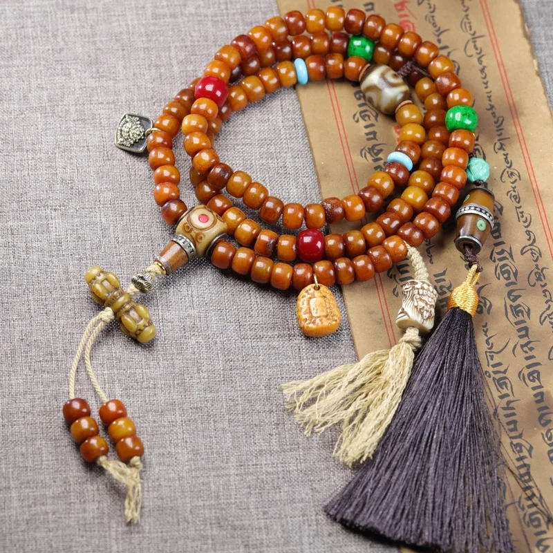 Natural Yak Barrel Distressed Cow Bone 108 DIY Buddhist Beads Necklace