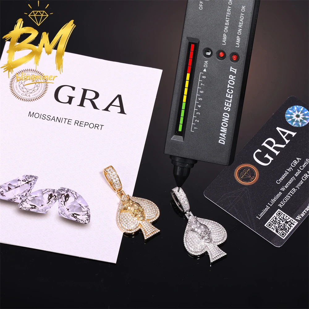 Blingminer VVS Moissanite Spade Skull Pendant Necklaces Brass Men Women Hip Hop Jewelry Free Shipping