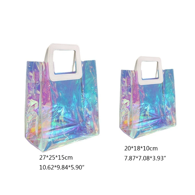 Bolsa tote transparente arco-íris holográfico, bolsa compras multiuso ombro e74b