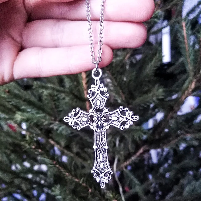 Y2K Vintage Baroque Christian Cross Necklace for Women Men Silver Color with Red Crystals Gothic Crucifix Easter Unisex Jewelry