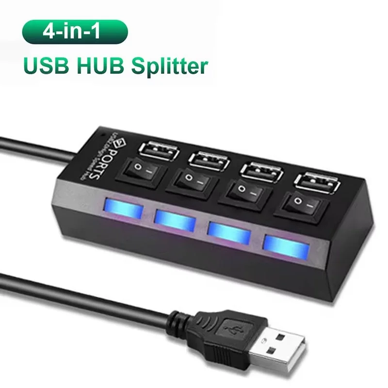 High Speed 4 Port USB 2.0 Extension Hub Adapter Multi USB Splitter Multiple Extender With LED Lamp Switch For Laptop Accessories