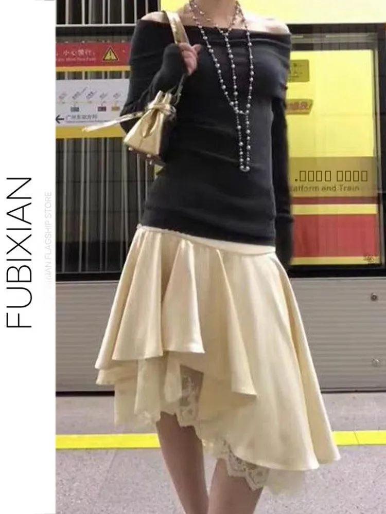 

Юбка миди с асимметричным подолом и кружевной подкладкой, двухслойная, с низкой талией, винтажная, молодежная, из полиэстера, необычный дизайн