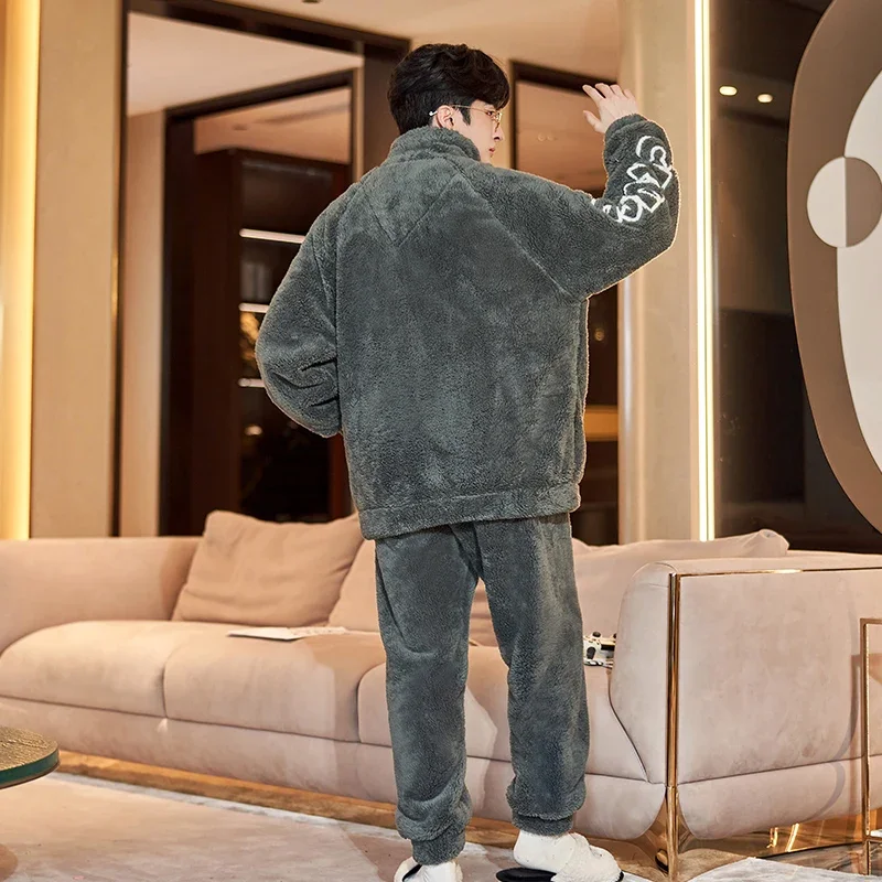 Antistatic Coral Fleece Men's Winter Pajamas Set Thicken Flannel Warm Sleepwear Leisure Zipper Soft Pajama Men Pyjama Home Wear