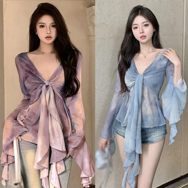 Sexy V-neck Chiffon Shirt Women\'s Summer Design Sense Gradient Tie Dyed Ruffle Flare Sleeve Top Purple One Size