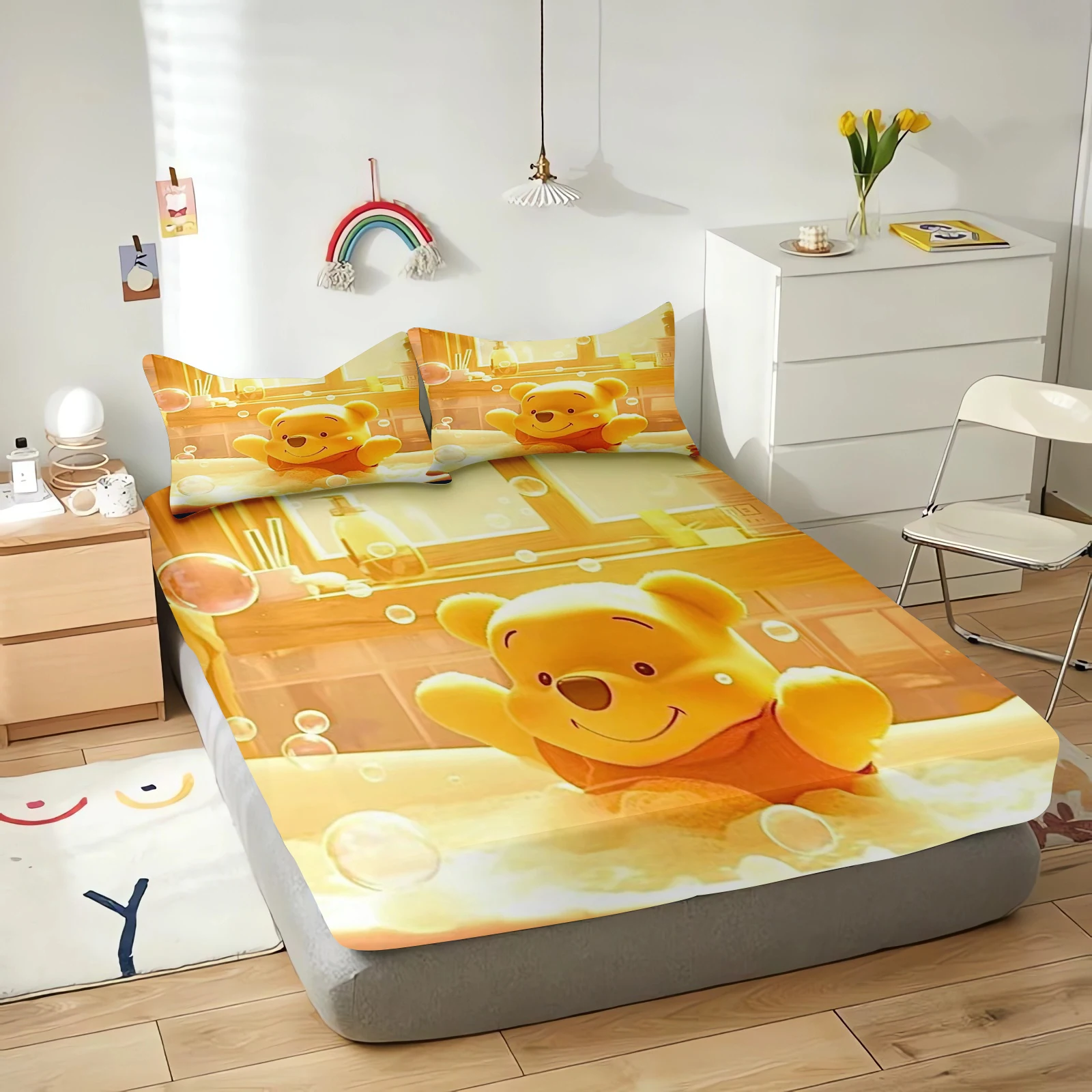 Winnie the Pooh sprei pas sarung untuk remaja elastis seprai tempat tidur anak-anak imut seprai cetak Digital