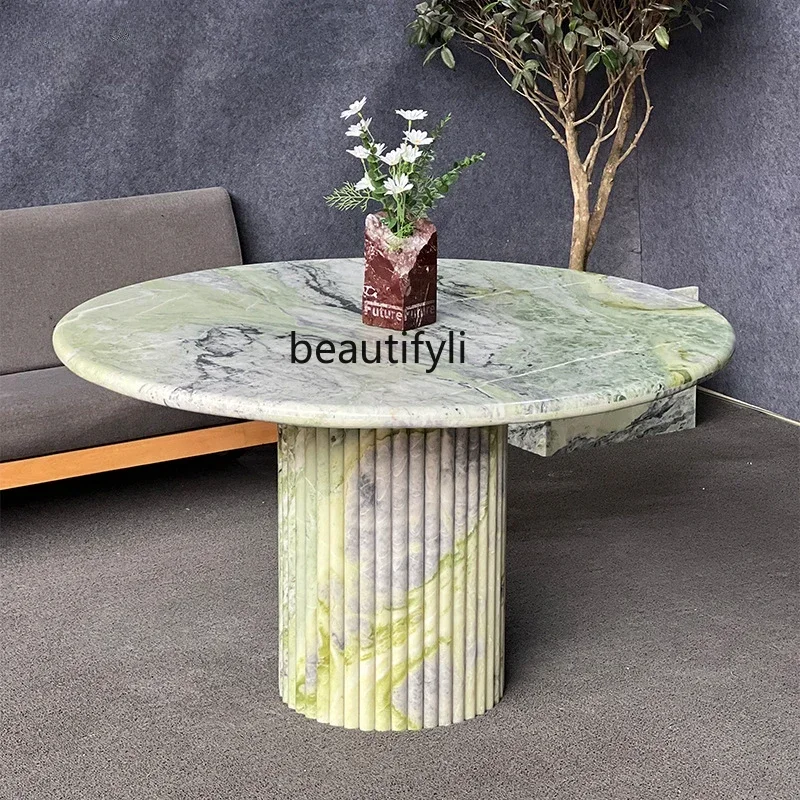 

xx1Simple light luxury natural green marble round dining table home modern Roman column