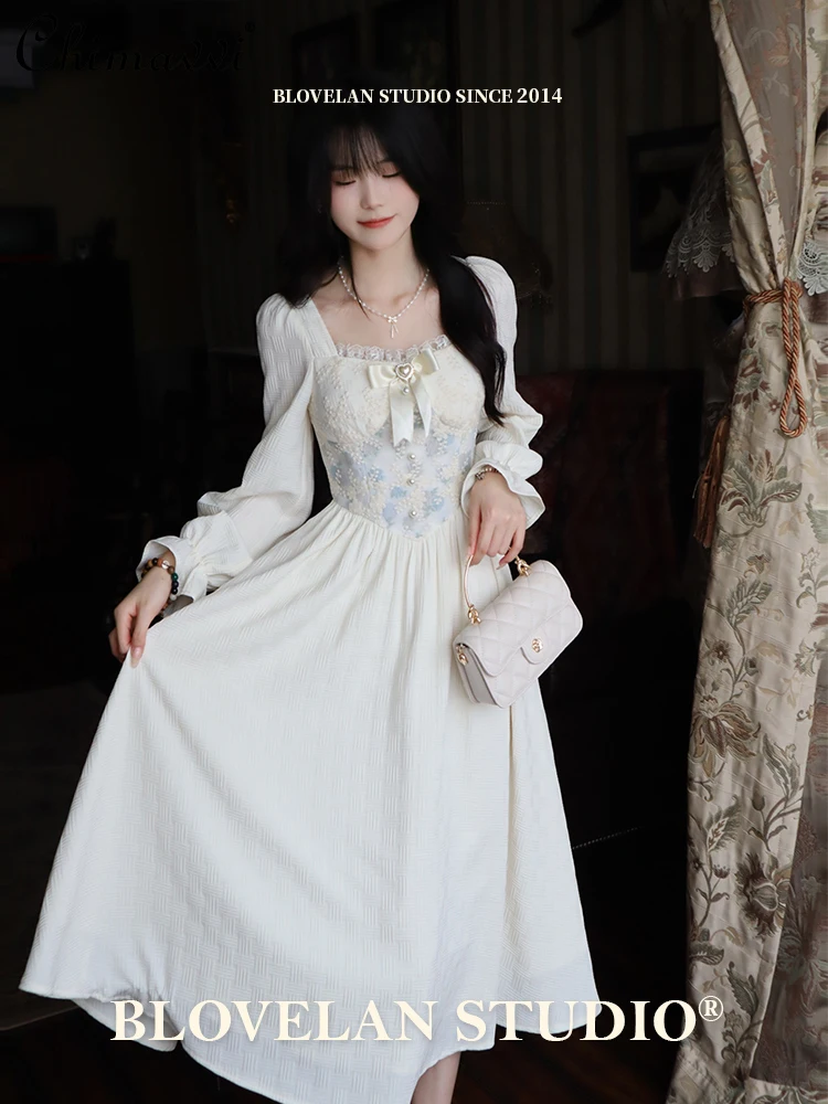 

French Retro Jacquard Embroidery Pearls Lace Stitching Square Collar Bow Flare Sleeve High Waist Slim A-line Long Dress Women