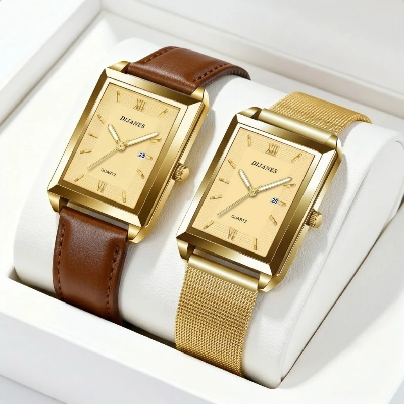 conjunto-de-relogios-de-quartzo-quadrados-para-casal-com-pulseira-de-couro-classica-e-bracelete-de-metal-em-malha-caixas-de-presente-nao-incluidas