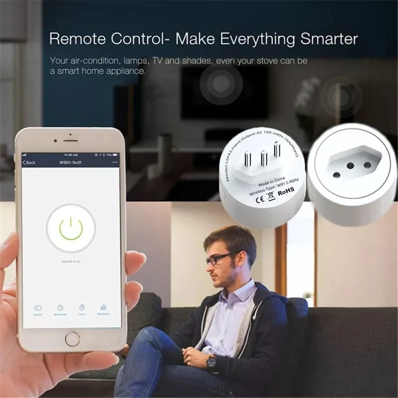 Shawader WIFi Tuya Smart Plug Brazil Power Socket 16A Outlet Surge Protector Energy Monitor Timer Voice Remote Alexa Google Home