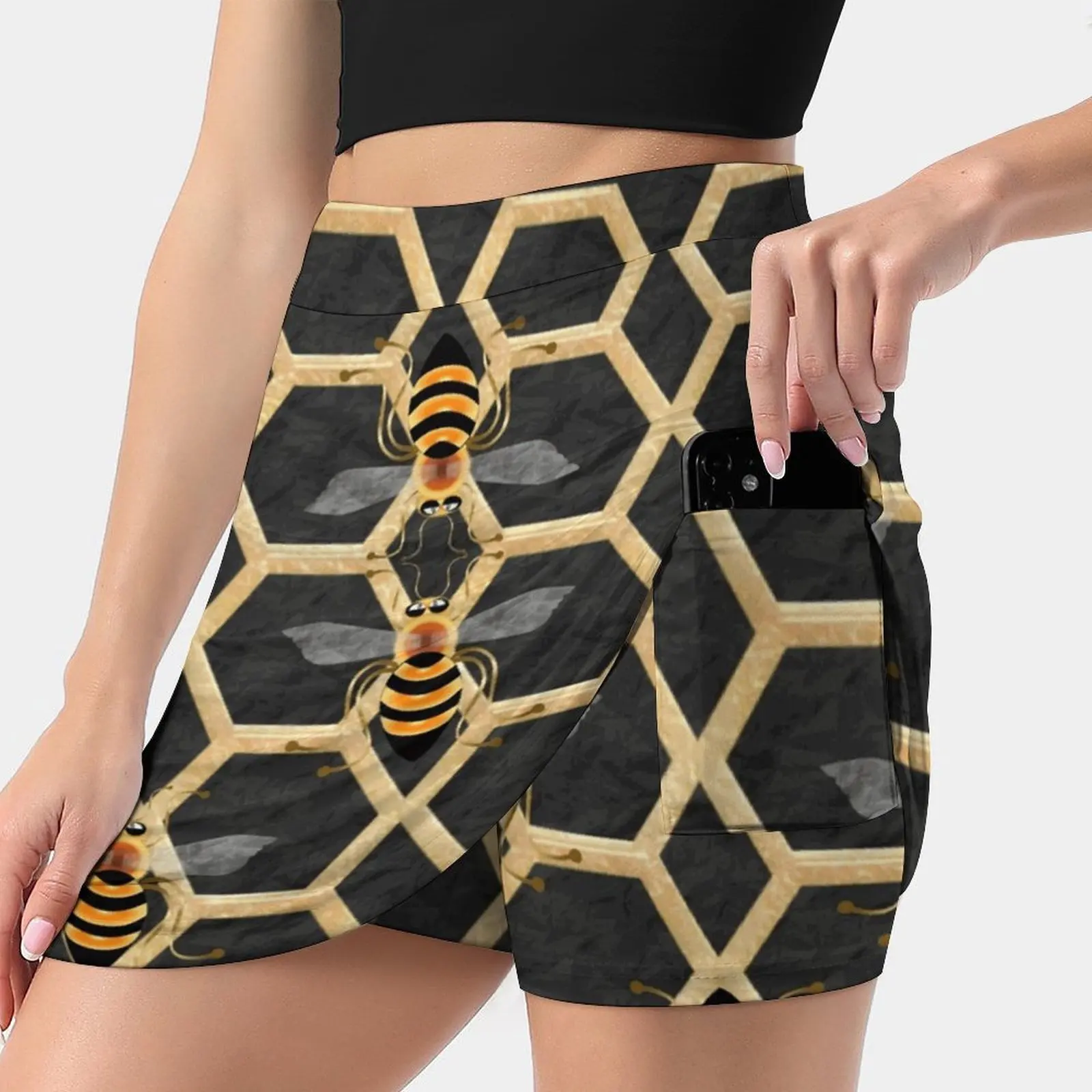 

Bee 141 On Black. Women's skirt With Hide Pocket Tennis Skirt Golf Skirts Badminton Skirts Running skirts Bees Honey Honeycomb