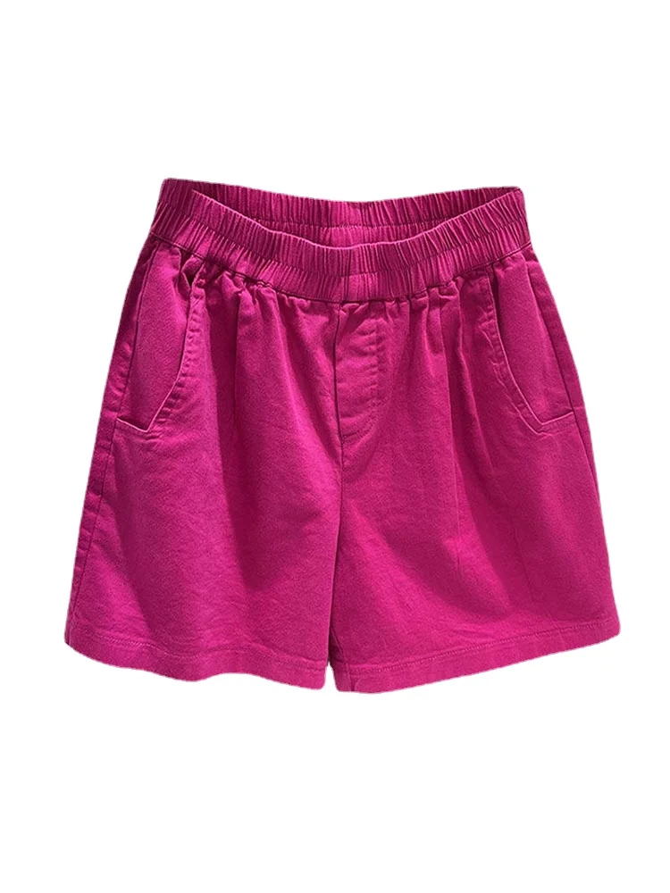 Calção jeans de perna larga feminino, cintura de algodão curta, bonito, casual, rosa vermelha, sólido, verão, lady, 2023