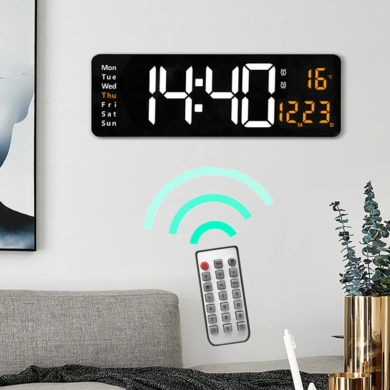 

LED Digit Alarm Wall Clock with Remote Control for Home Living Room Decoration Temperature Display Electronic Wall Clock Alarm