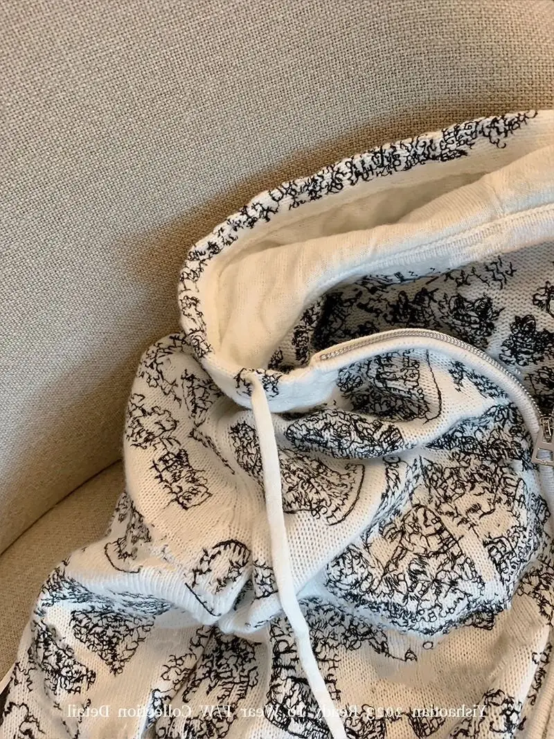 Embroidered patterned hooded knitted cardigan for women's autumn casual sweater coat