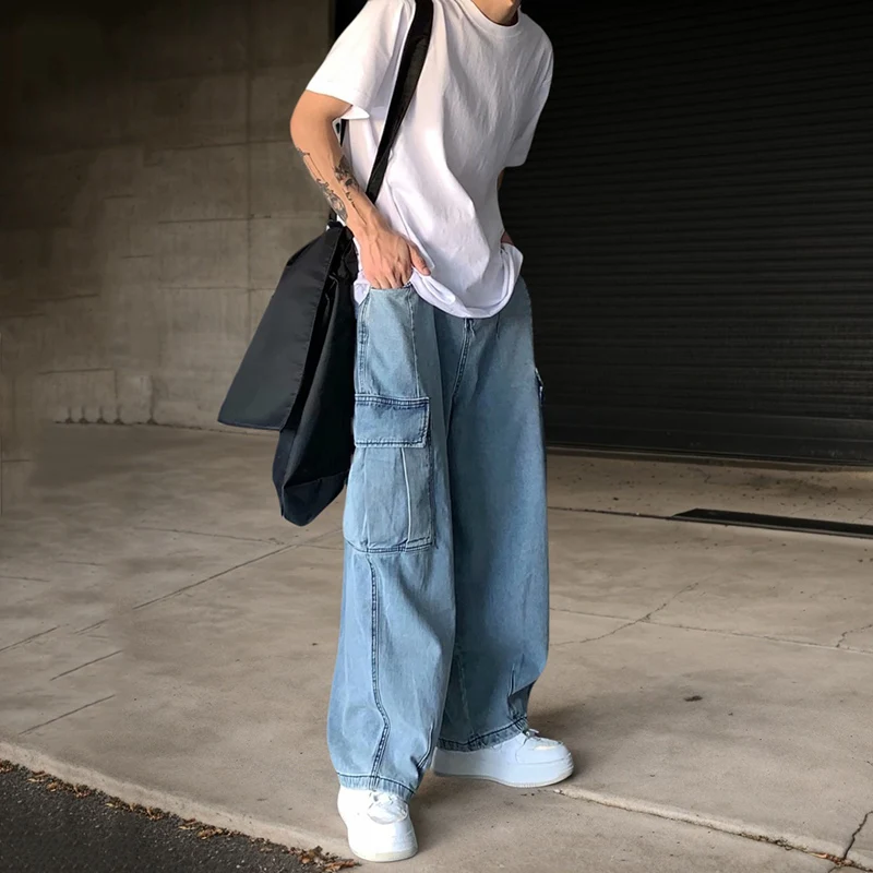 

Men's Hip Hop Wide Leg Jeans Cargo Straight Baggy Denim Pant Summer Casual Fashion High Street T-shirts Trousers Streetwear Sets