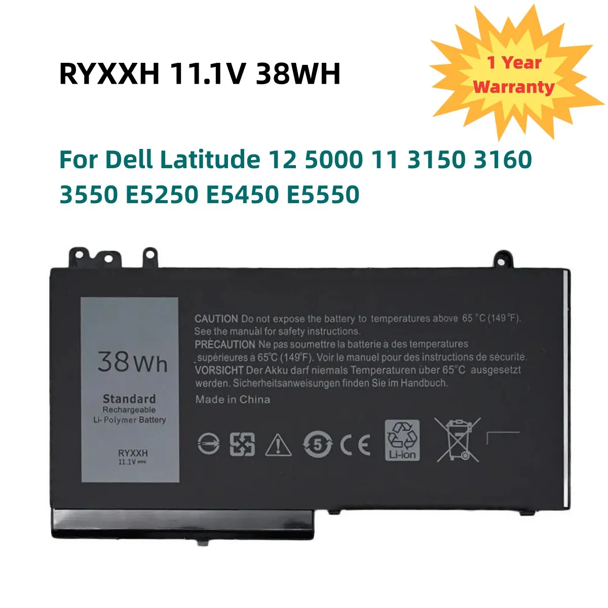RYXXH 11.1V 38Wh/3423mAh Laptop Battery for Dell Latitude E5250 E5450 E5550 3150 3160 RYXXH