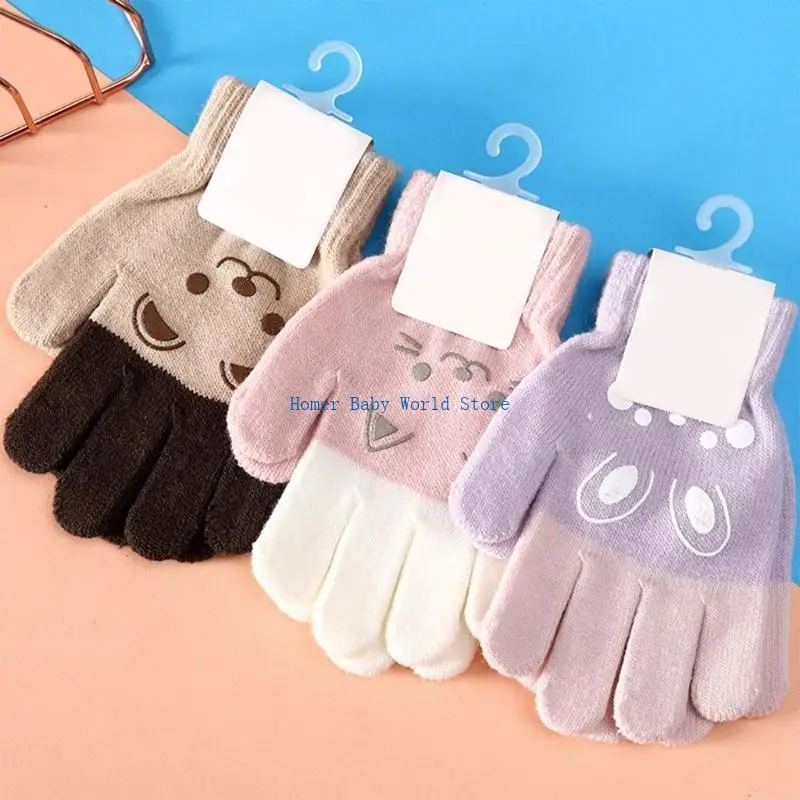 

B2QD Knit Finger Mittens Windproof Winter Warm Gloves for 4~8 Years Old Children