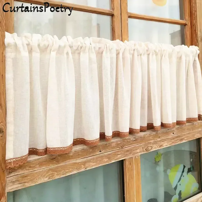 

Beige Semi Sheer Curtains Faux Linen with Lace Light Filtering Farmhouse Window Treatment Short Curtains for Bedroom Living Room