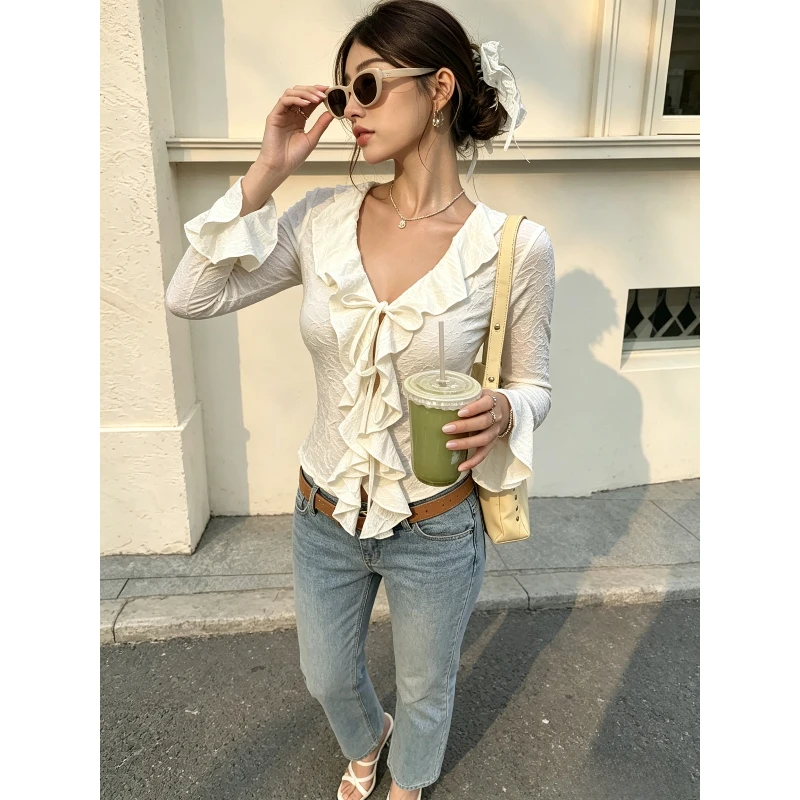 2026 New Chic French Romantic Solid Ruffle Edge Self-tie Bow Slim Long Sleeve Top, Women Milky Apricot Casual T-shirt