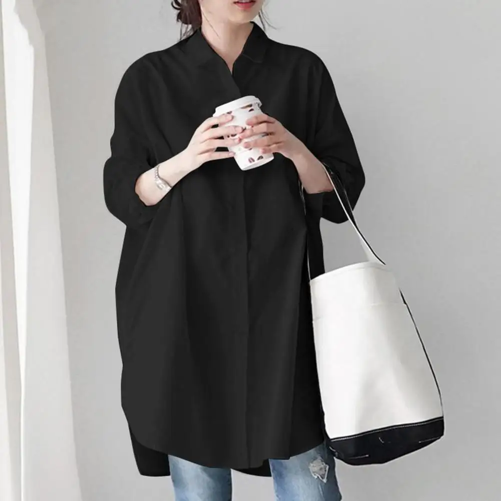 Women Blouse Women Shirt Women’s Lapel Shirt Tops Long Sleeve Single Breasted Blouse Solid Color Mid-length Irregular Workwear