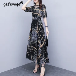 Women Clothing 2024Summer Korean Fashion Print Elegant Party Dresses High Waist Mesh Patchwork Short Sleeve Slim Long Dress Robe