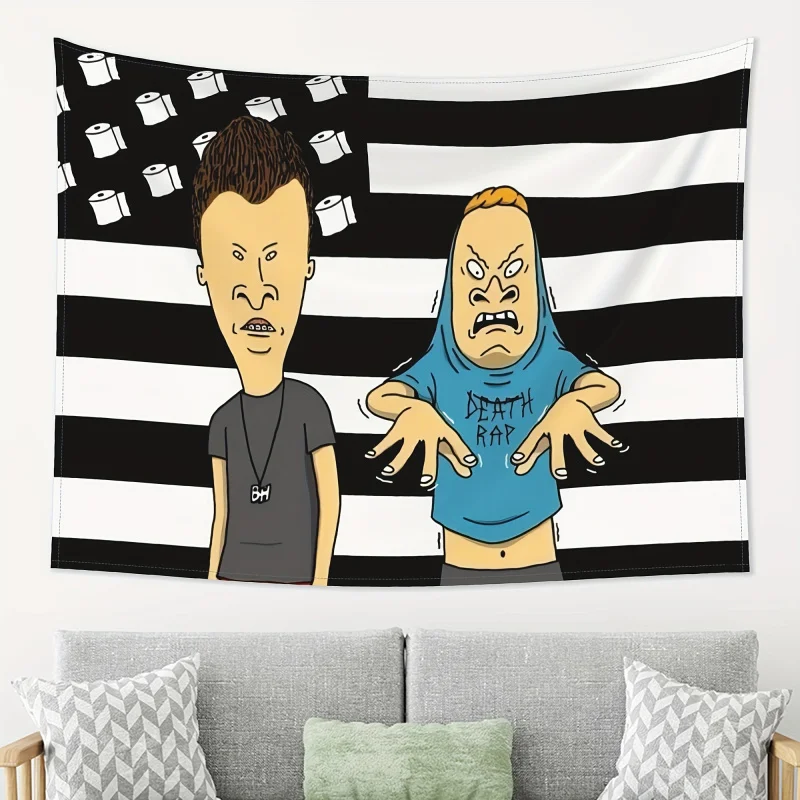 VIKAMA Bevis & Butt-Heid Tapiz con dibujos animados de la bandera americana, decoración estética para el hogar, tapiz artístico para dormitorio/oficina, decoración para fiestas