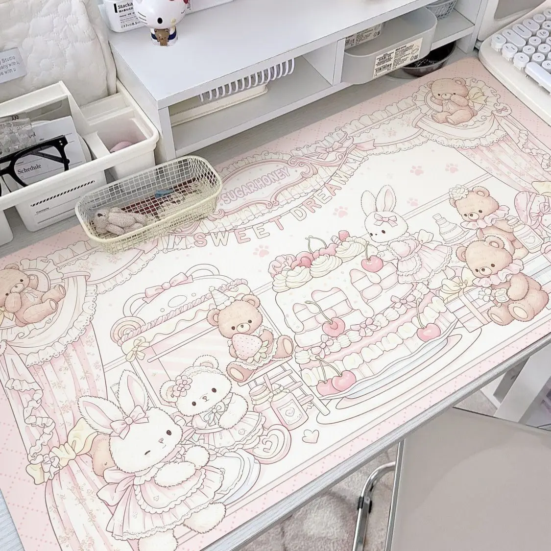 Leather Desk Pad Protector Pink Strawberry Cake Party Sweet Bunny BearY2K Mouse Pad Office Desk Mat Non-Slip PU Desk Blotter