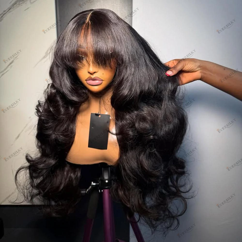 

Glueless 5X5 HD Lace Closure 100% Human Hair Wigs with Bangs 200Density Remy Indian Hair Full Lace Wigs Wavy Natural Black Wig