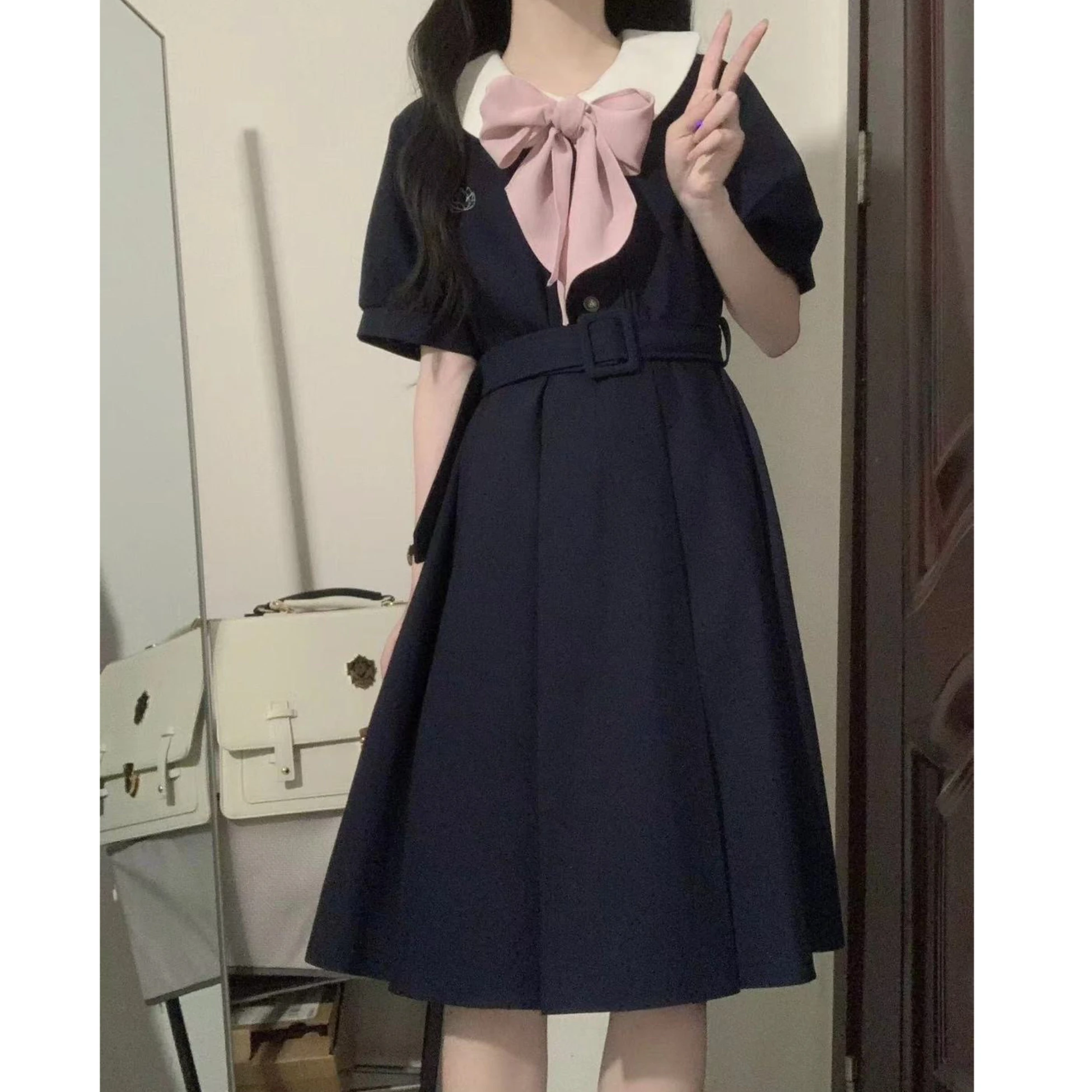 Uniforme escolar coreano Preppy Jk para niña, vestido de uniforme de marinero, Falda plisada de manga corta con lazo largo suelto para estudiante, primavera y verano