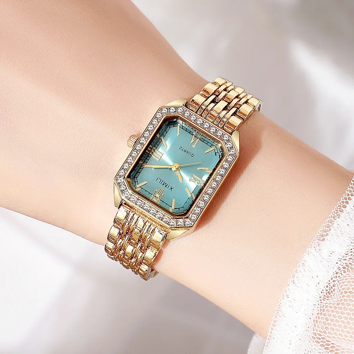 XIMILI Summer New Ladies Vintage Roman Numerals Rhinestone Dial Steel Strap Student Casual Quartz Watch