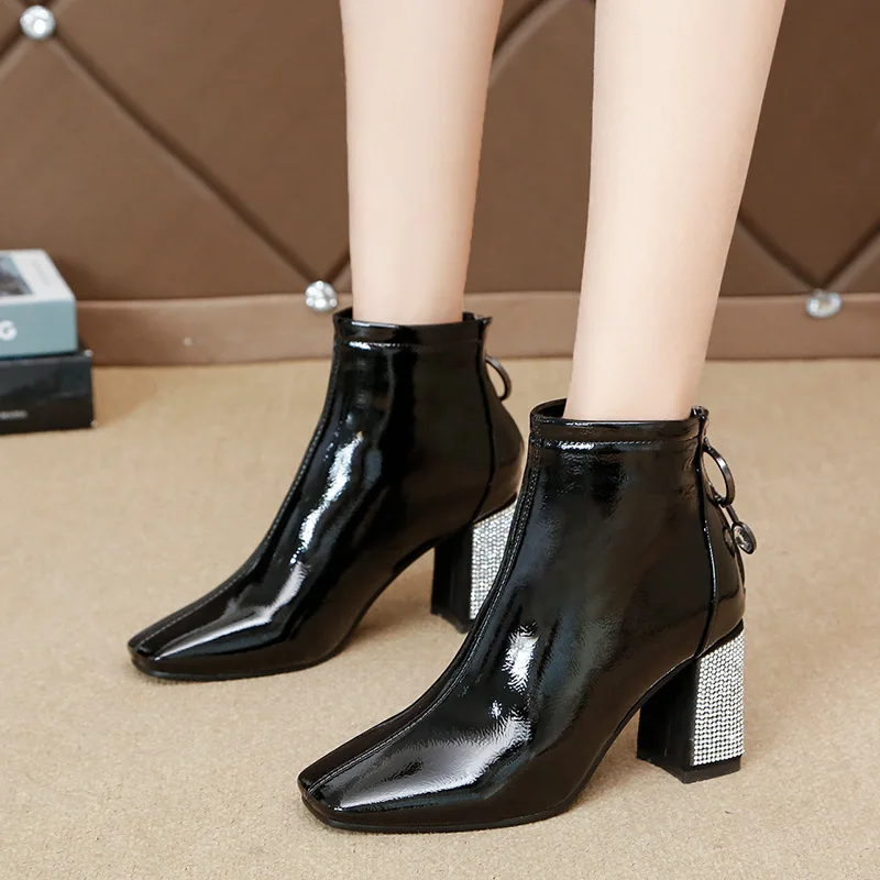 

Patent Leather Rhinestone Ankle Boots Women Shoes Winter Back Zip Motorcycles Boots Lady Square Toe High Heels Fashion Booties