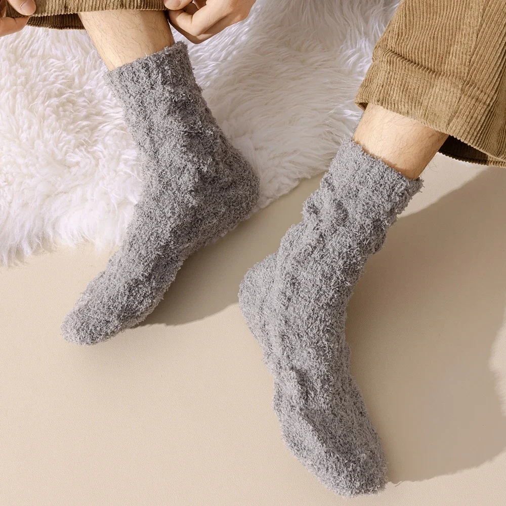 5 Pairs Men Winter Socks Coral Fleece Thick Warm Socks Middle Tube Thermal  Cozy Fluffy Sleeping Crew Socks Man