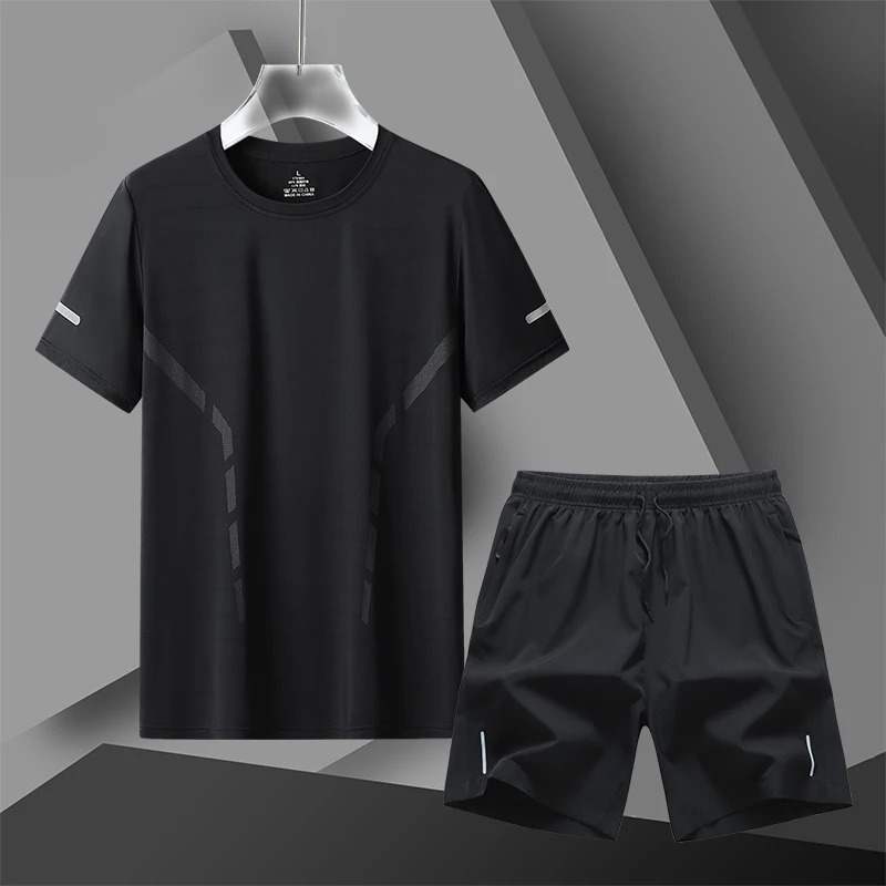 

2024 Ice Silk Set Men's Summer New Thin Running Sports T-shirt Casual Breathable Quick Drying Shorts Set Loose Men's Shorts