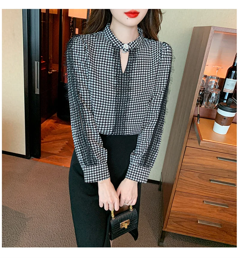 FANIECES High Quality Women Blouses Pullover Tops Elegant Stand Collar Vintage Houndstooth Print Long Sleeve Chiffon Lace Shirt